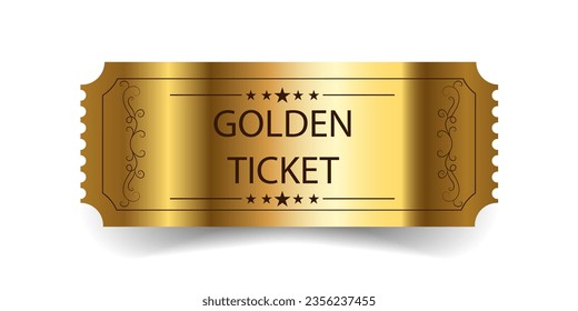 Golden ticket with stars and the inscription "Admit one". Vector illustration. ISOLATED ON A WHITE BACKGROUND 2023