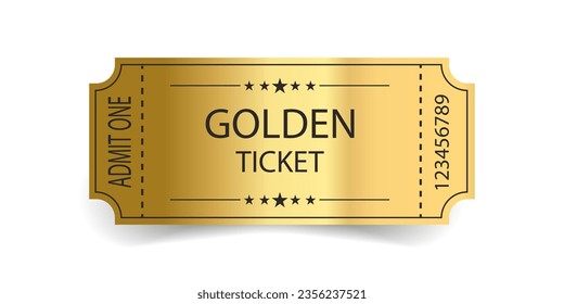 Golden ticket with stars and the inscription "Admit one". Vector illustration. ISOLATED ON A WHITE BACKGROUND 2023