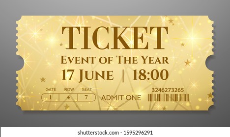 Golden ticket (tear-off coupon) with star magical background. Useful for any festival, party, cinema, event, entertainment magic show. VIP card