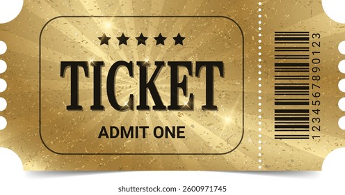 Golden ticket template. Admit one ticket design. Vector illustration.