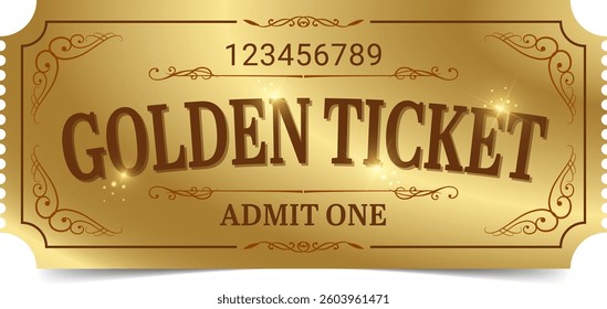 Golden ticket template. Admit one ticket design. Vector illustration.