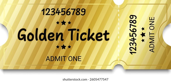 Golden ticket template. Admit one ticket design. Vector illustration.