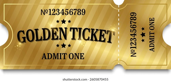 Golden ticket template. Admit one ticket design. Vector illustration.