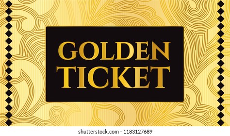 Golden Ticket Template, Concert Ticket On Gold Background With Curve Floral Pattern. Useful For Any Movie Festival, Party, Cinema, Event, Entertainment Show