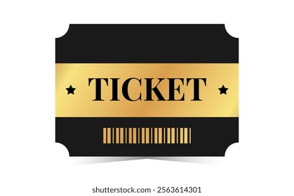 Golden ticket template design. Cinema, theater, casino, concert, film, party, festival gold ticket. Metal gradient coupon with barcode. Vector illustration on white background