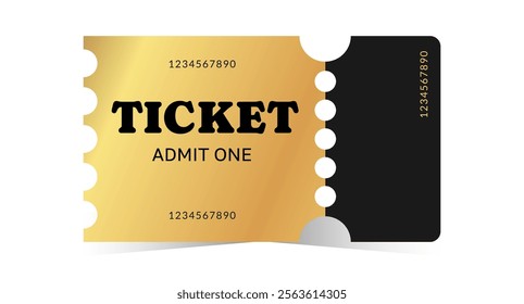 Golden ticket template design. Cinema, theater, casino, concert, film, party, festival gold ticket. Metal gradient coupon. Vector illustration on white background