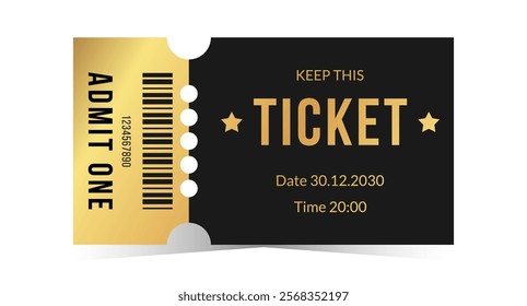 Golden ticket template design. Cinema, theater, casino, concert, film, party, festival gold ticket. Metal gradient coupon, admit one, barcode. Vector illustration on white background