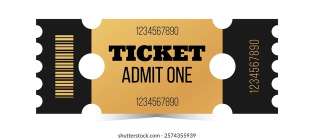 Golden ticket template design. Cinema, theater, casino, concert, film, festival gold design. Metal gradient coupon, admit one, barcode. Vector illustration on white background