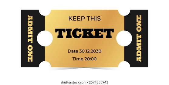 Golden ticket template design. Cinema, theater, casino, concert, film, party, festival gold ticket. Metal gradient coupon, admit one. Vector illustration on white background