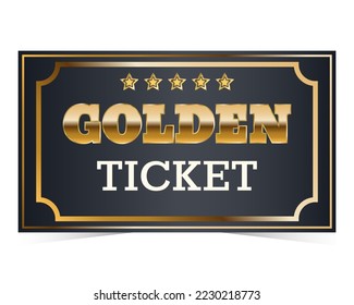 Golden ticket template on gradient black background with stars. Vector illustration.