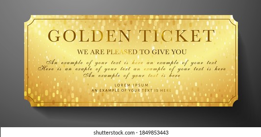 Golden ticket template set. Entrance ticket with frame, golden pattern on  background. Vector design for concert event, music performance, exhibition, entertainment show, raffle