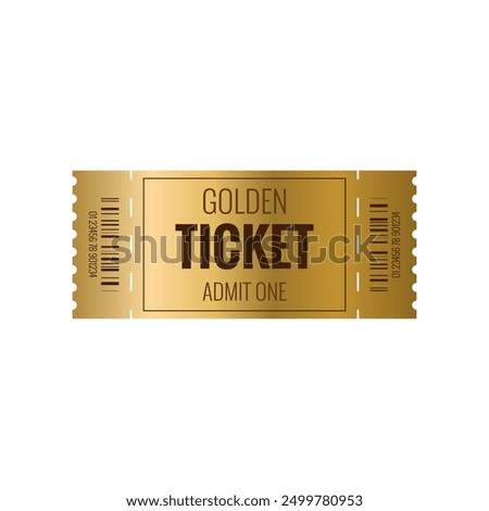 Golden ticket template white isolated background. Admit one gold retro ticket. Ticket Admission Entry Event Design