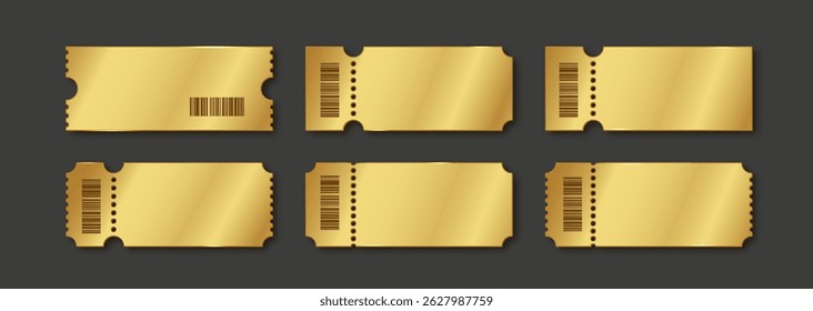 Golden ticket templates. Luxury blank coupons, event invitations, discount tags. Shiny gold vector tickets on black background. Cinema, concert, or party pass.