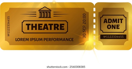 Golden ticket for a theater performance with admit one stub attached, scheduled for September 30th at 8 PM, featuring a classic theater facade icon and a placeholder name for the show
