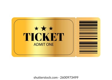Golden ticket with three black stars, Admit One text, and right side barcode