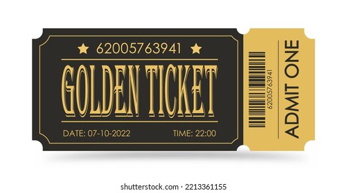 Golden Ticket. Vector illustration for websites, applications, cinemas, clubs, mass events and creative design. Flat style