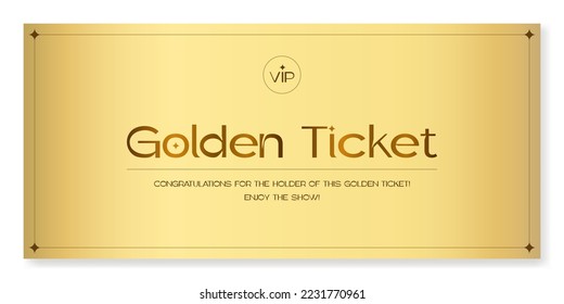 Billete de oro. Plantilla de boleto premium vectorial en estilo moderno con textura metálica. Para cualquier evento. Se puede usar para web e impresión.