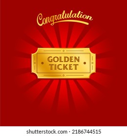 Golden ticket vector. Shiny Golden ticket on a background of rays of light. Vector illustration. Concept of Luxury golden gift certificate in vintage style with congratulation lettering.