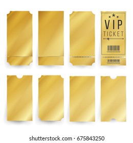 Golden Ticket Vip Template Vector. Empty Gold Movie, Theater Tickets And Admit Coupons Blank. Isolated Illustration.