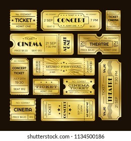 Golden Tickets. Admit One Gold Movie Ticket Set. Vip Party Theatre Concert Show Premiere Or Cinema Pass Entry Scratch Coupon Retro Luxury Vector Isolated Templates Symbols