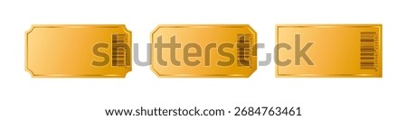 Golden tickets with barcode isolated on white background. Gold coupon, sticker, discount tag mockup. Cinema, theater, concert, party, event invitation entrance. Realistic vector illustrations set.