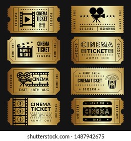 Golden tickets. Entry cinema tickets templates with illustrations of video cameras and other tools