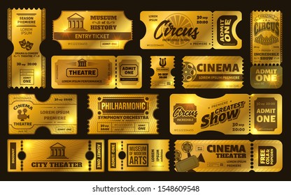 Golden tickets. Gold circus show ticket, premium cinema movie night coupon and theatre tickets vector set. Shiny vouchers, invitations. Limited tickets with tear off elements. Vip pass control