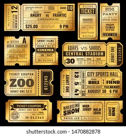 Golden tickets. Old gold admission vip ticket of circus, wedding party and cinema, theater concert. Raffle premium coupons vector ticketing label vintage seat numbers for entrance set