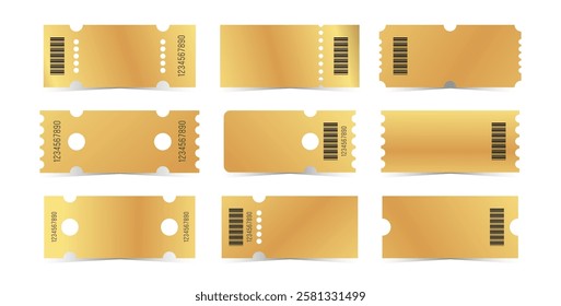 Golden tickets template set. Empty gold coupon blank with barcode and number. Vector illustration collection on white background