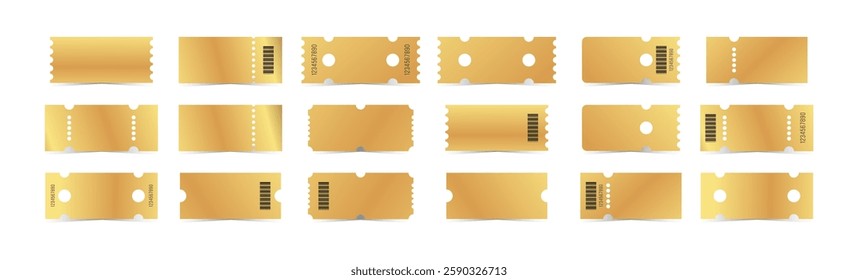 Golden tickets template set. Empty gold coupon blank with barcode, number. Vector illustration collection isolated on white background
