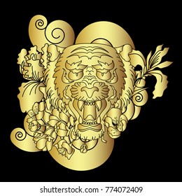 Golden tiger face for sticker on black background.Gold tiger vector on black background.Gold Japanese tiger tattoo design.