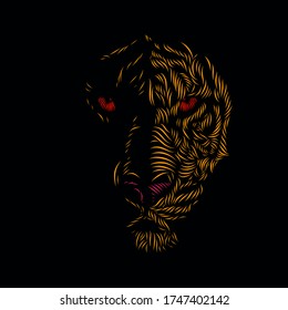 The golden tiger head face silhouette line pop art potrait logo colorful design with dark background