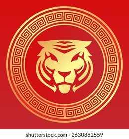 Golden Tiger Head Illustration - Chinese New Year Zodiac Animal in Traditional Frame. Festive Red Design.
