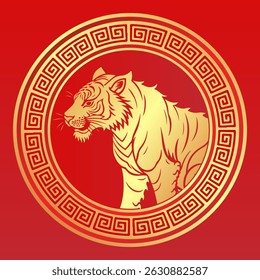 Golden Tiger Head Illustration - Chinese New Year Symbol in Traditional Frame. Zodiac Animal on Red Background.