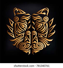 Golden tiger head isolated on black background. Stylized Maori face tattoo. Golden tiger mask. Symbol of Chinese Horoscope by years. Vector illustration.