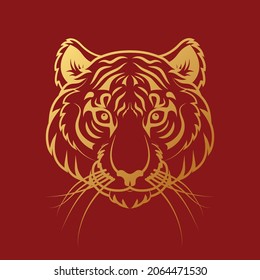 Golden Tiger Head on a Red Background Symbol of Asian New Year for Invitation or Card. Vector illustration