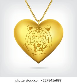 Golden tiger in a heart-shaped necklace