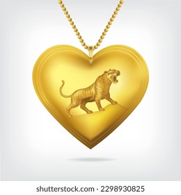 Golden tiger in a heart-shaped necklace