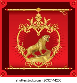 Golden tiger in a golden ornate frame.illustration vector