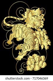Golden tiger tattoo.Hand drawn traditional Japanese tiger with peony blossom and cloud vector.Traditional Japanese culture for printing on background.Snake with Sunrise for coloring book on background