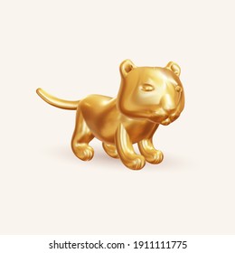 Golden tiger toy. Golden tiger 3d icon and logo, close-up. Realistic design elements. Vector illustration Isolated on white background.