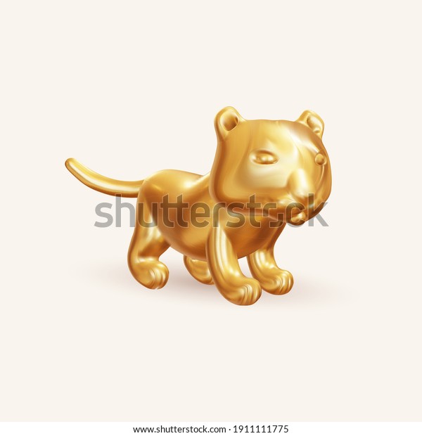 Golden tiger toy. Golden tiger 3d icon and\
logo, close-up. Realistic design elements. Vector illustration\
Isolated on white\
background.