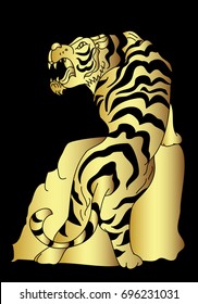 Golden Tiger vector is on black background.Roaring tiger tattoo background.
