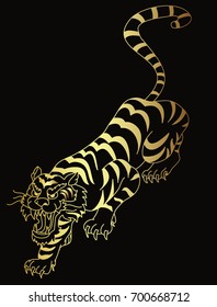 Golden Tiger vector is on black background.Roaring tiger tattoo background.Traditional Japanese culture for printing on background.