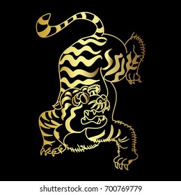 Golden Tiger vector is on black background.Roaring tiger tattoo background.Traditional Japanese culture for printing on background.