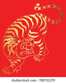 Golden Tiger vector is on red background.Roaring tiger tattoo background.Traditional Japanese culture for printing on background.