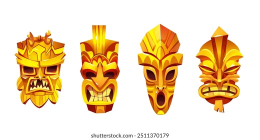 Golden tiki mask. African or hawaiian totem vector. Polynesian tribal face sign for summer party illustration. Aztec statue design set. Decorated maya head character for religious decoration