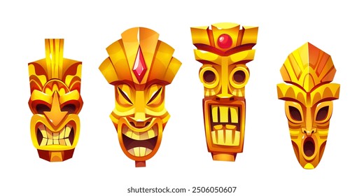 Golden tiki mask with pink gem stones. Cartoon vector set of tribal traditional ritual totem statue head with funny and scarry faces. gold jewel ancient culture treasure for Hawaiian design.