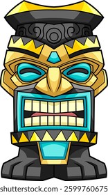 Golden Tiki Mask with Tribal Carvings and Royal Elements. Hawaiian Polynesian Totem Art. Vector Hand Drawn Illustration Isolated On Transparent Background