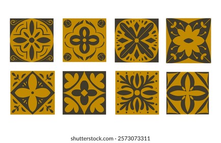 Golden Tile Bundle Unique Floral and Geometric. A collection of eight golden tiles, each featuring distinct floral and geometric motifs